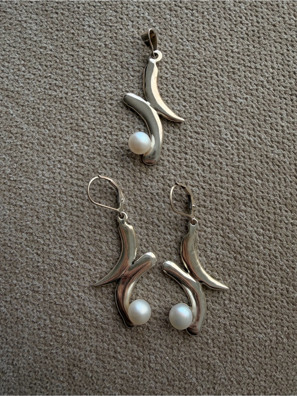 925 Sterling Silver Genuine Pearl Pendant & Earrings Set Modernist Abstract